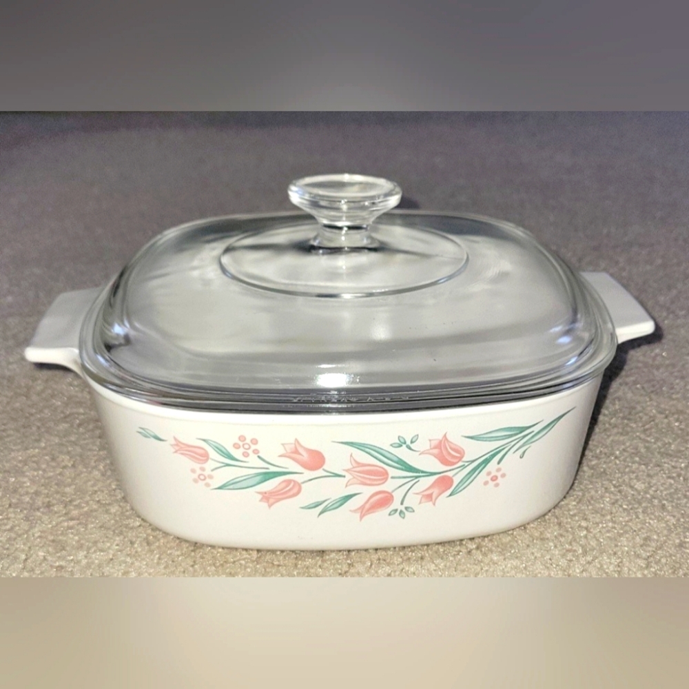 Glass Lid White Casserole Dish with Floral Design